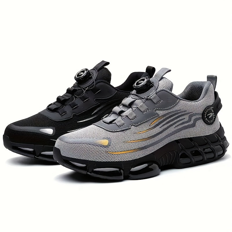 Men's Breathable Work Shoes - Durable Safety Shoes with Reflective Stripes, Lightweight Cushioned Sole for Industrial, Construction and Casual Wear, Available in Black and Grey, Sizes US 6 to 11