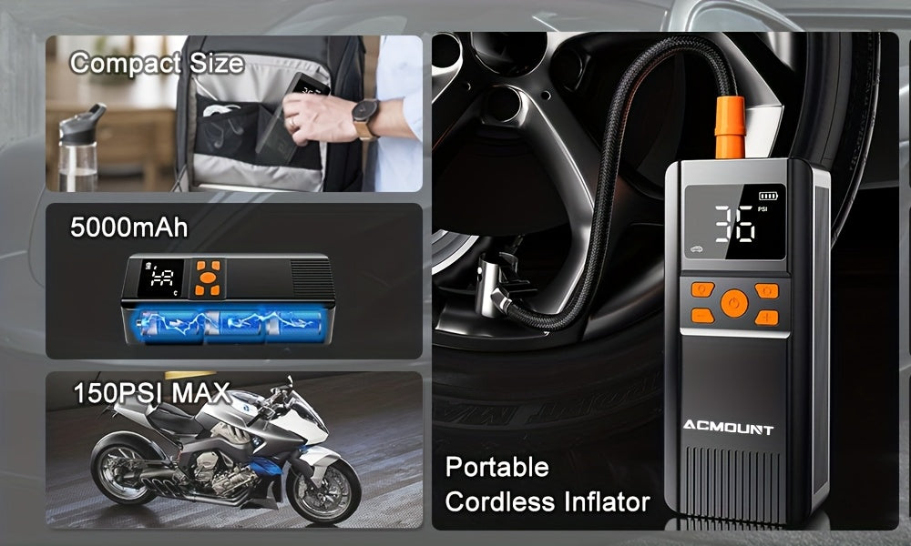 Portable Tire Inflator Air Compressor 150PSI Cordless – 2X Faster Inflation Digital Pressure Gauge LED Light for Car Bike Motorcycle Ball, Rechargeable Auto Air Pump
