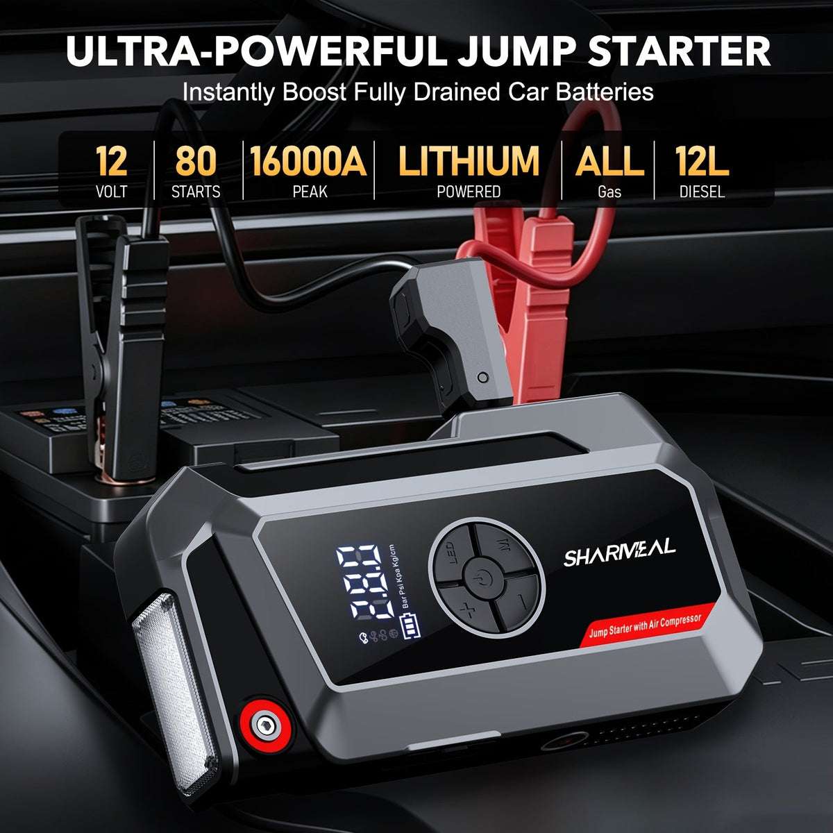 20000A Car Jump Starter with Air Compressor 18-in-1 Portable Power Pack – Smart Jumper Cables Quick Charge LED Light Large Display for All Gas & Diesel Engines, Emergency Car Battery Booster