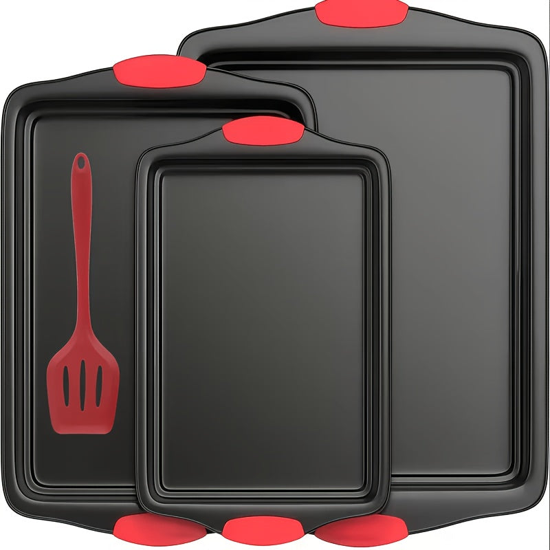 Carbon Steel Non-Stick Baking Pan Set 3-Piece – Commercial Restaurant Grade Oven Safe Bakeware with Red Silicone Handle Double-Sided Coating Sheet Pan Cookie Tray Roasting Pan for Home Kitchen