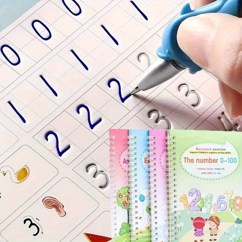 Magic Reusable Calligraphy Handwriting Exercise Books 4-Pack with Water Pen and 8 Refills Kids Writing Tracing Practice Set Mess-Free Eco-Friendly Christmas Birthday Gift for Children