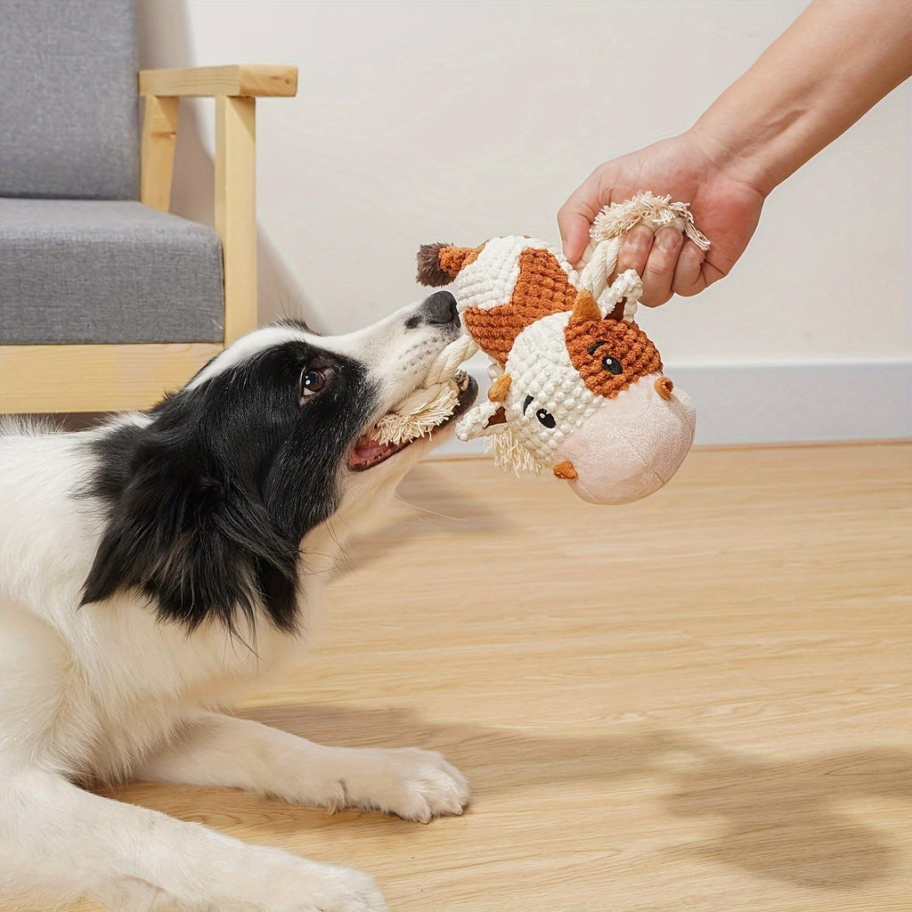 Squeaky Cow Dog Toy Plush Interactive Tug-of-War Rope with Crinkle Paper IQ Training Chew Toy for Small Medium Large Dogs Anxiety Relief Boredom Buster No Battery Needed