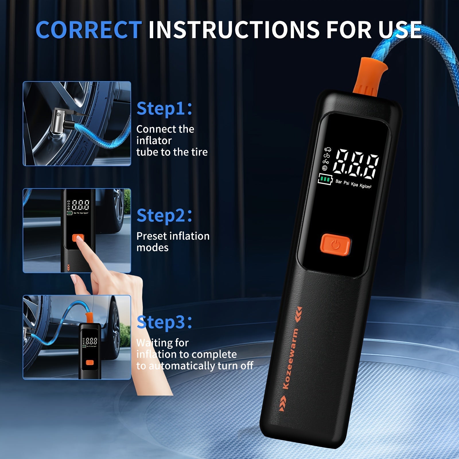 Cordless Tire Inflator Portable Air Compressor Digital Pressure Gauge USB Rechargeable 3X Fast Inflation for Car SUV Truck Bike Motorcycle Ball Sports Equipment Auto Air Pump 18650 Battery 5 Colors
