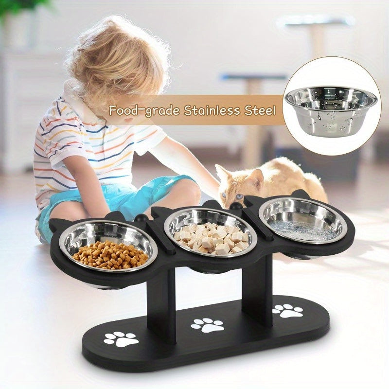 Elevated Cat Bowl Stand 15 Degree Tilted Stainless Steel Bowls Raised Feeder Cats Small Dogs Anti-Spill Black Wooden Base Set of 2 or 3 Bowls Food Water Ergonomic Posture