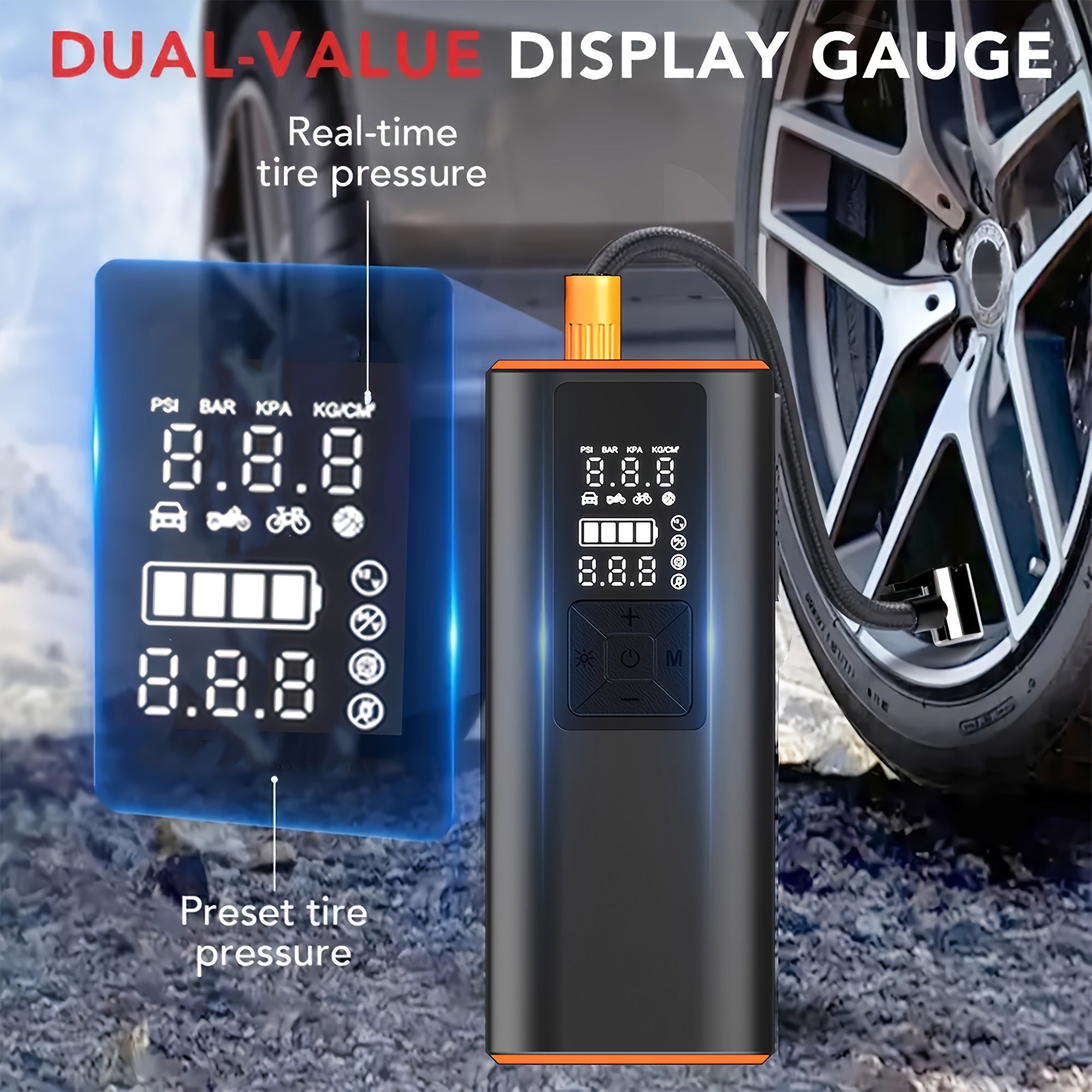 Portable Tire Inflator 150 PSI Wireless Air Compressor 6000mAh Battery 12V Cord Digital Gauge Auto Shut-Off LED Light 4 Preset Modes for Car Motorcycle Bike Ball Road Trip