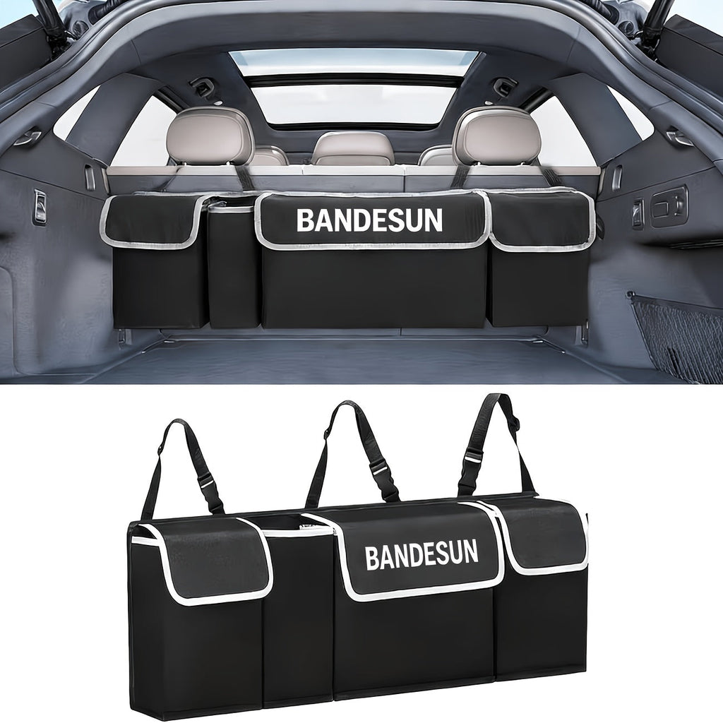 Car Trunk Organizer Rear Seat Hanging Storage Bag with 4 Pockets Foldable Cargo Bag for SUV Truck MPV Van – Black Multi-Pocket Car Interior Storage Organizer for Travel & Daily Use