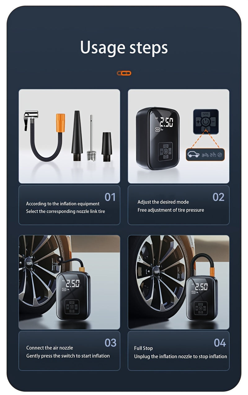 Portable Cordless Tire Inflator 150PSI Digital Display USB-C Rechargeable 4000mAh 100W Fast Inflation 5 Preset Modes LED Light for Car Motorcycle Bike Ball Auto Stop 4 Colors