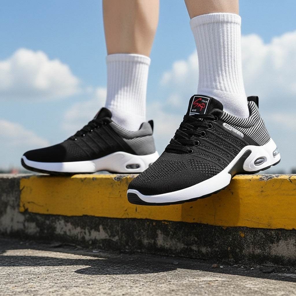 Air Cushion Slip-Resistant Men's Athletic Sneakers – Breathable Lace-Up Casual Sports Shoes for Gym Walking Running Urban Everyday Wear, Black & White or Black Blue, Sizes US 6.5–11.5