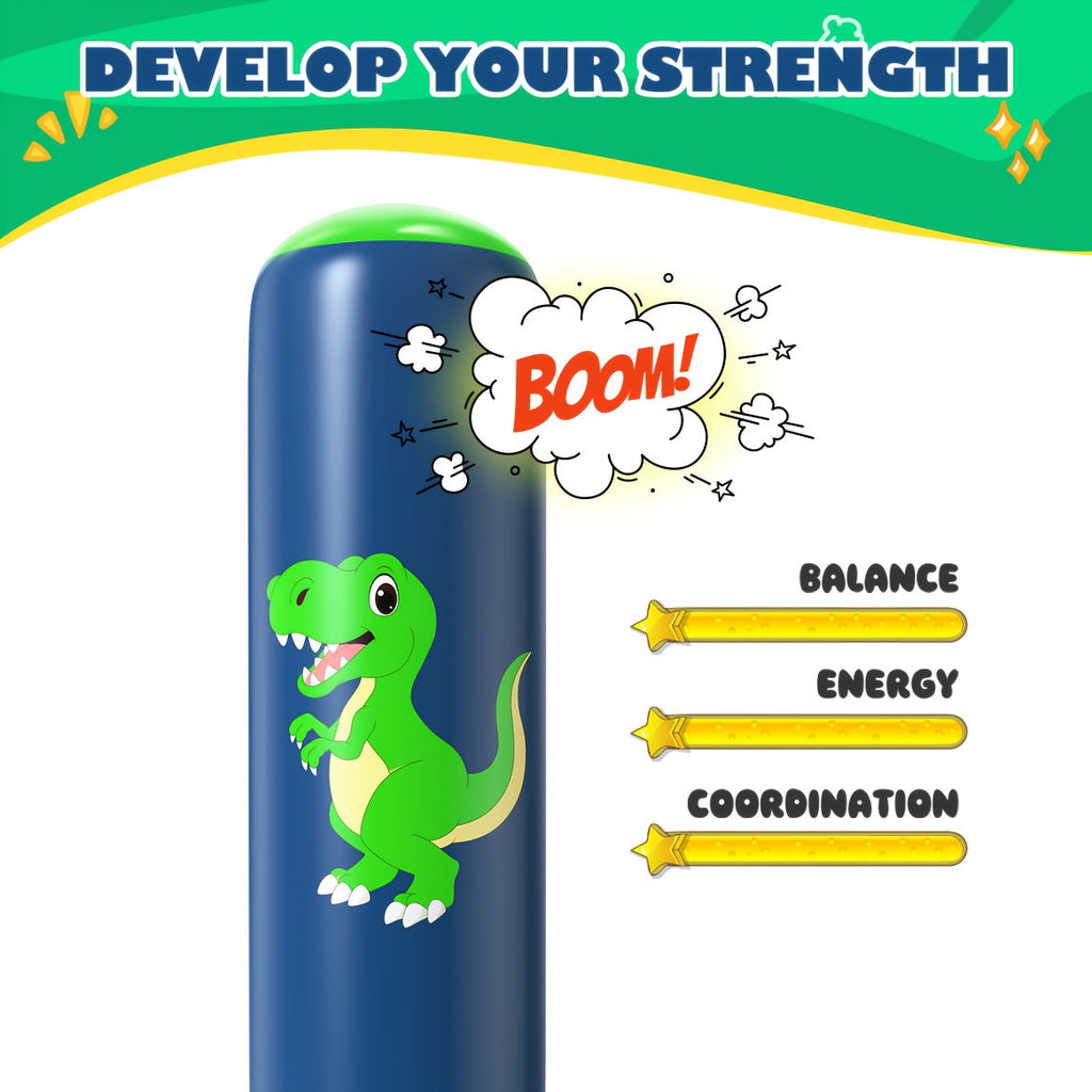 Dinosaur Inflatable Punching Bag 48 Inch for Kids – Stable Bop Bag Boxing Set with Gloves for Karate, Taekwondo & Active Play | Fun Dinosaur Toy Gift for Boys & Girls Ages 3+ | Blue & Red