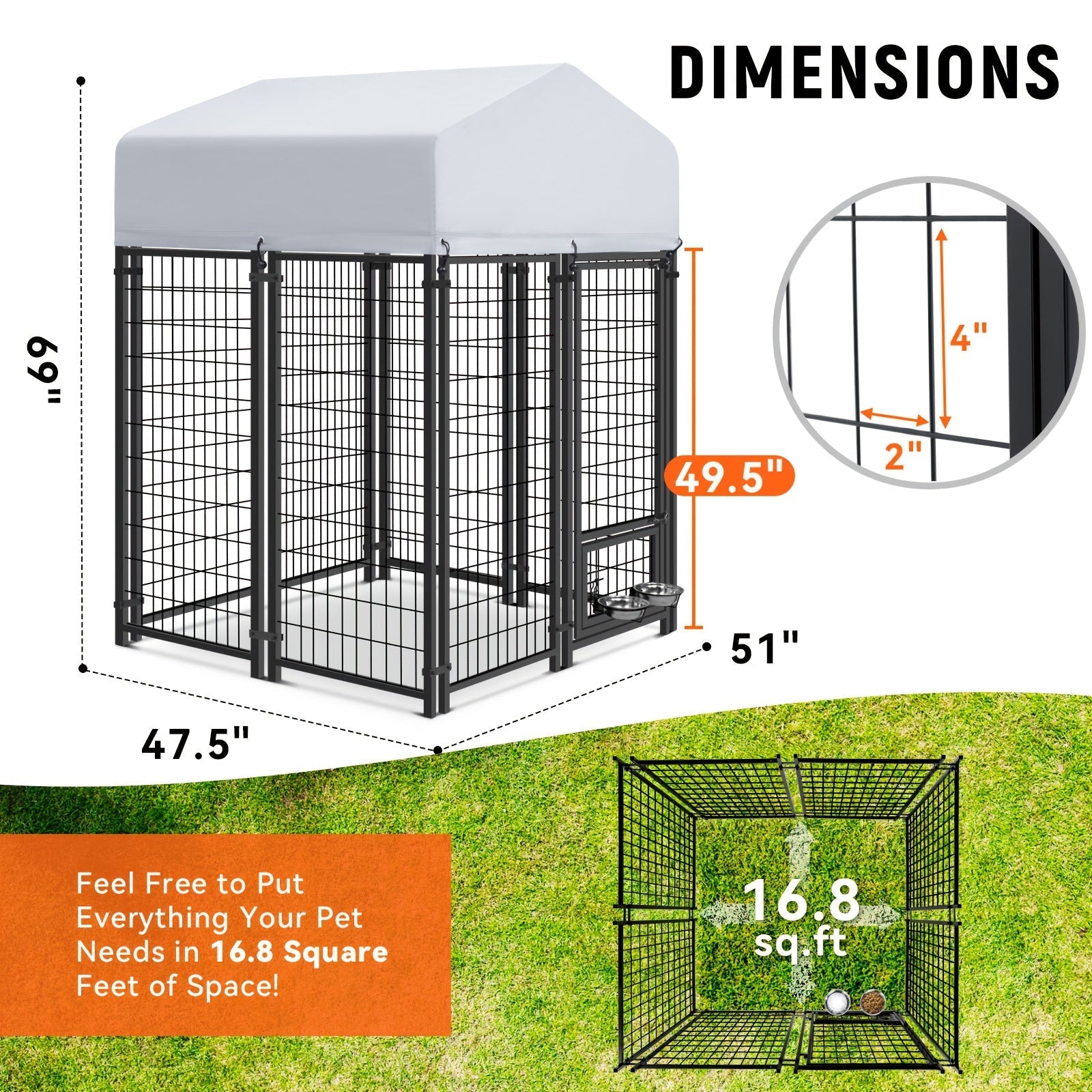 Large Dog Enclosure Outdoor Heavy Duty Welded Wire Steel Dog Playpen with UV-Resistant Roof Cover Secure Lock Pet Pen for Big Dogs Exercise Play Area Backyard Patio 3 Sizes