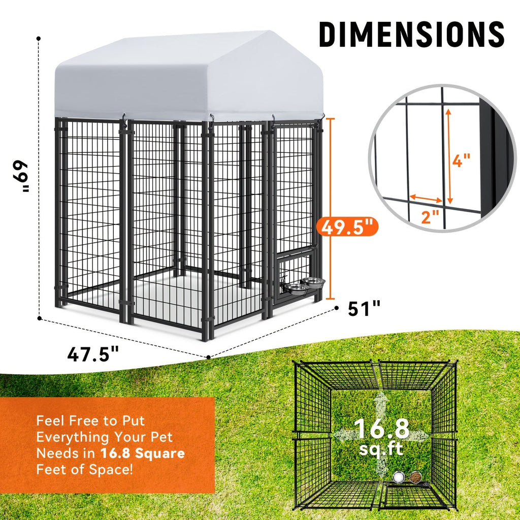Large Dog Enclosure Outdoor Heavy Duty Welded Wire Steel Dog Playpen with UV-Resistant Roof Cover Secure Lock Pet Pen for Big Dogs Exercise Play Area Backyard Patio 3 Sizes