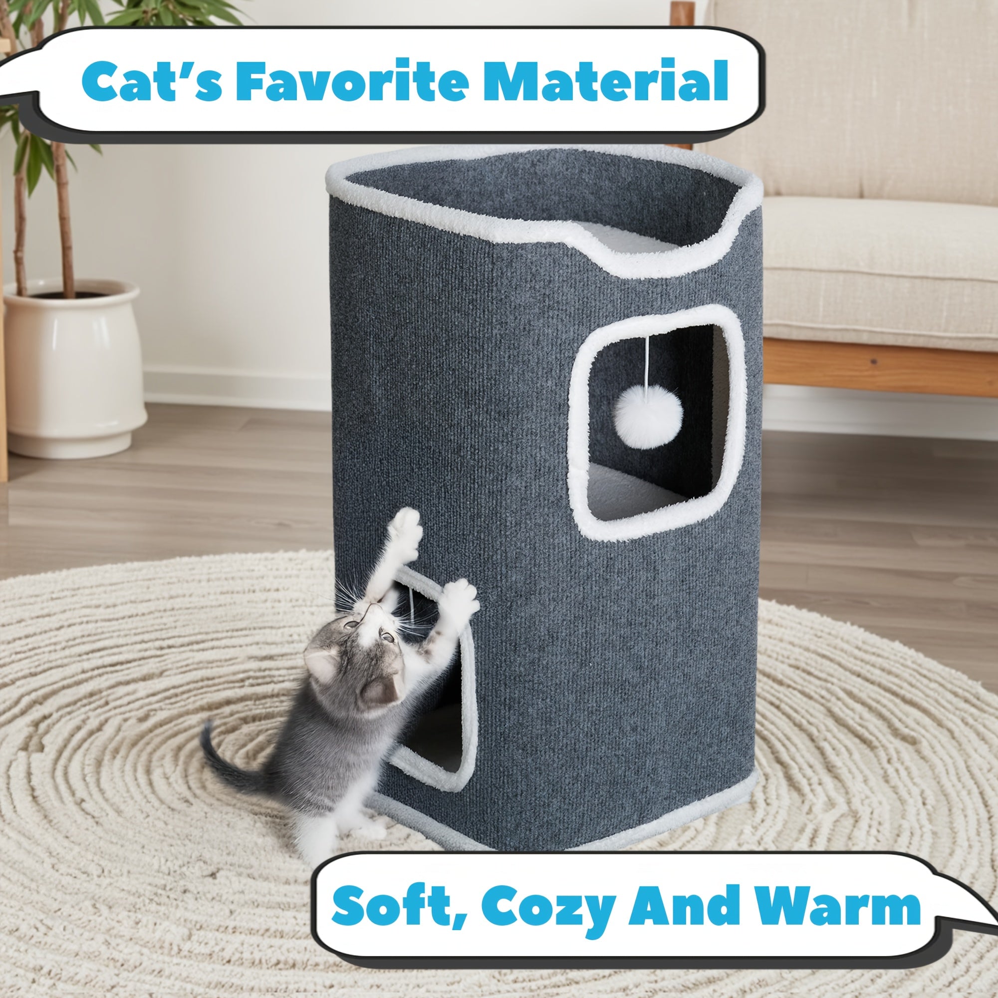 Multi-Level Foldable Cat Tree Tower for Indoor Cats Scratching Post Cozy Perch Cat Condo with Hanging Toy Ball & Hideaway – Soft Bed, 1/3/4 Tier Options, Light Gray Dark Blue Camel