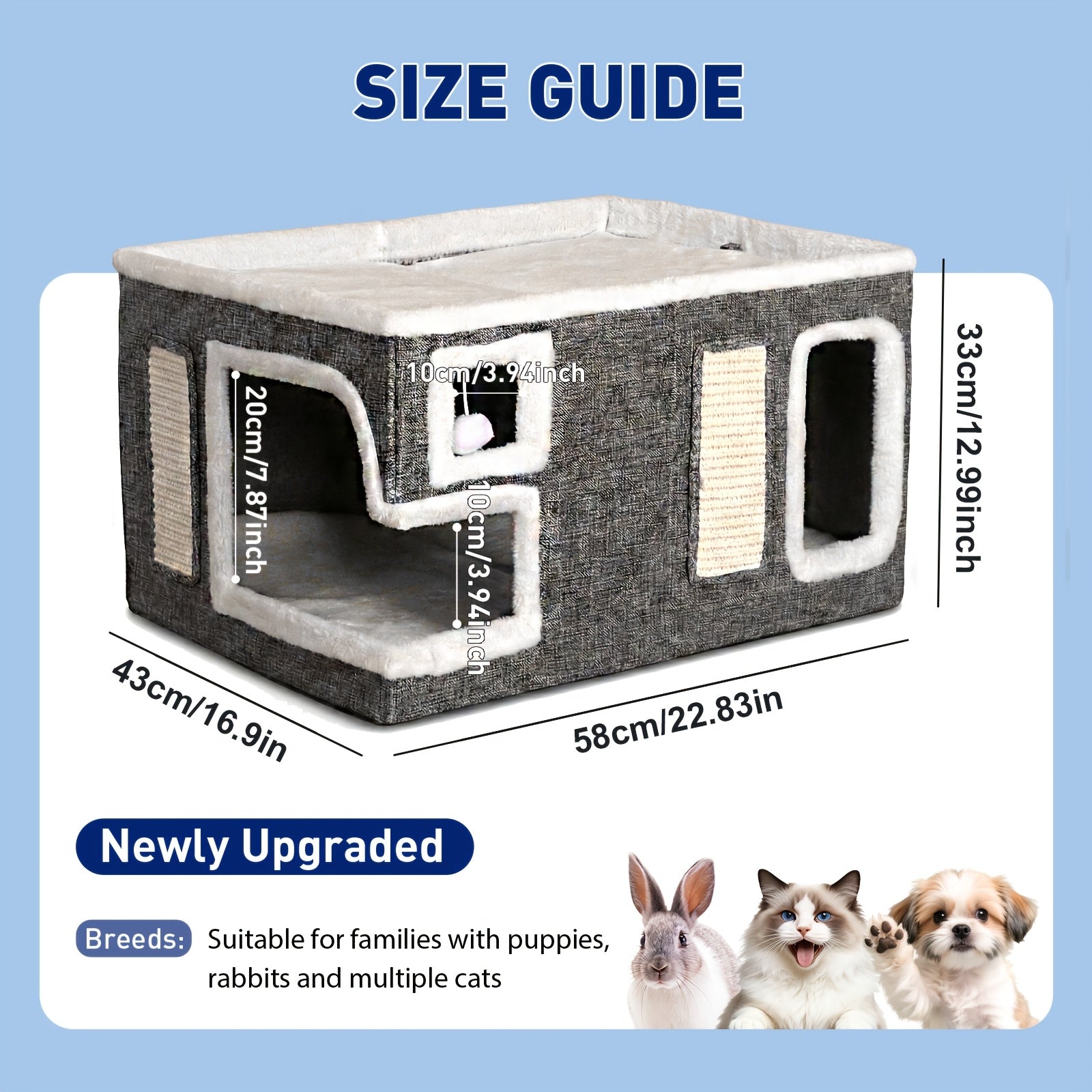 3-in-1 Cat House Indoor Condo – Luxury Wooden Ottoman Style Cat Bed Sleep Play & Scratch, Multi-Cat Friendly Large Cat Cave Hideaway Cube Furniture, Light Gray Standard & Large