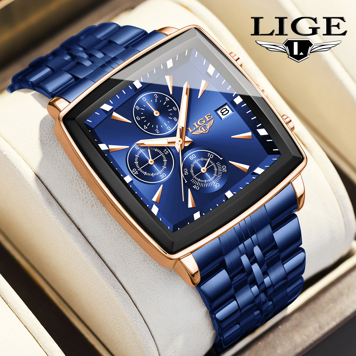 LIGE Men's Square Quartz Watch Stainless Steel Strap Calendar Display – Preppy Sport Fashion Wristwatch 8 Colors Rose Gold Black Blue, Birthday Graduation Gift for Men Teens