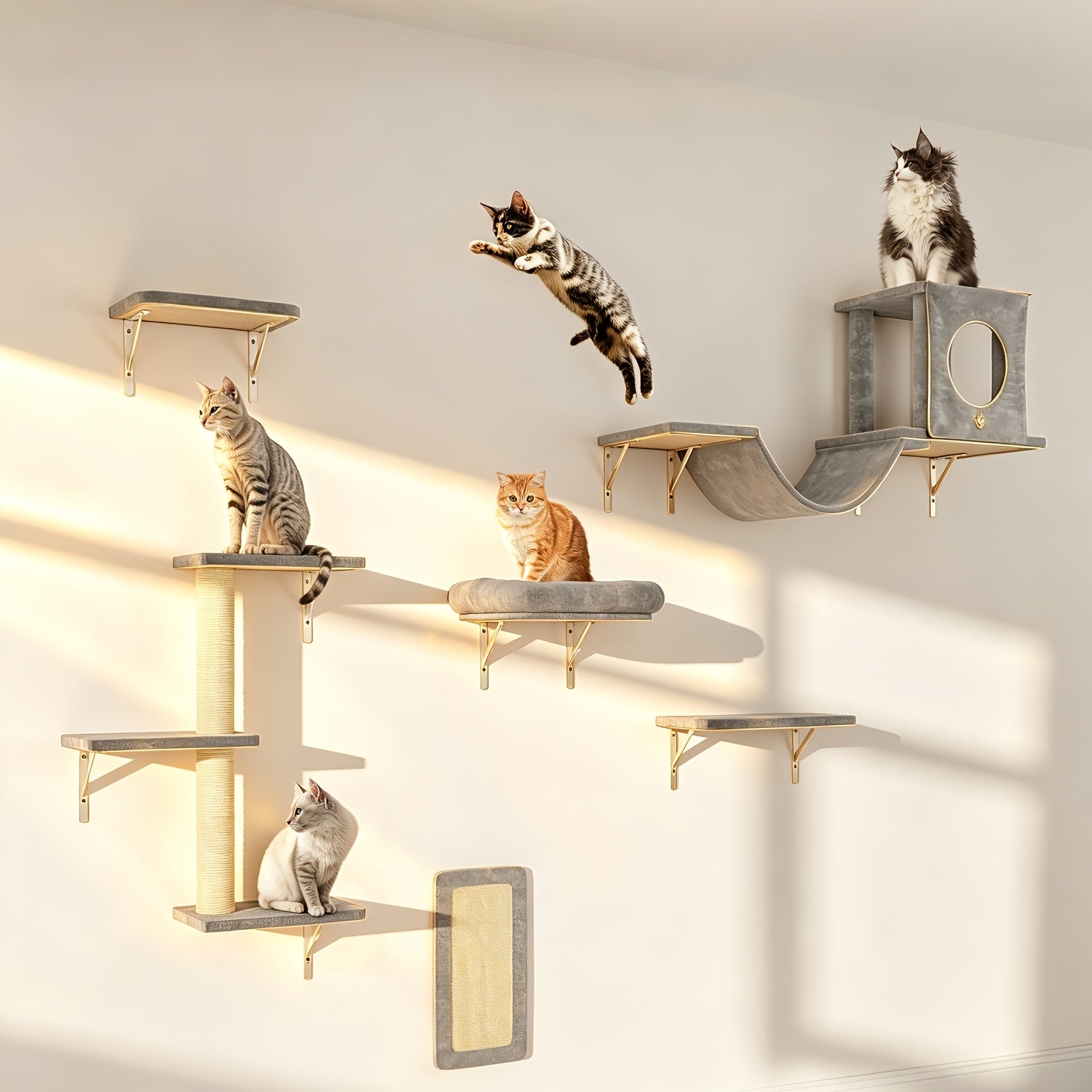Wall Mounted Cat Climbing Shelf Set 7-Piece Deluxe Indoor Cat Furniture with Condo Scratching Post Bridge Ladder Tunnel – Space-Saving Cat Wall Playground for All Cat Sizes