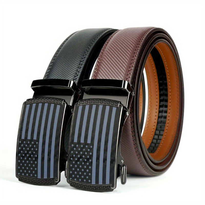 Set of 2 Men's Split Leather Ratchet Belts – American Flag Design with Automatic Slide Alloy Buckle, Adjustable Golf & Casual Dress Belts in Black & Brown, Sizes 110cm to 130cm (Waist 30"-44")