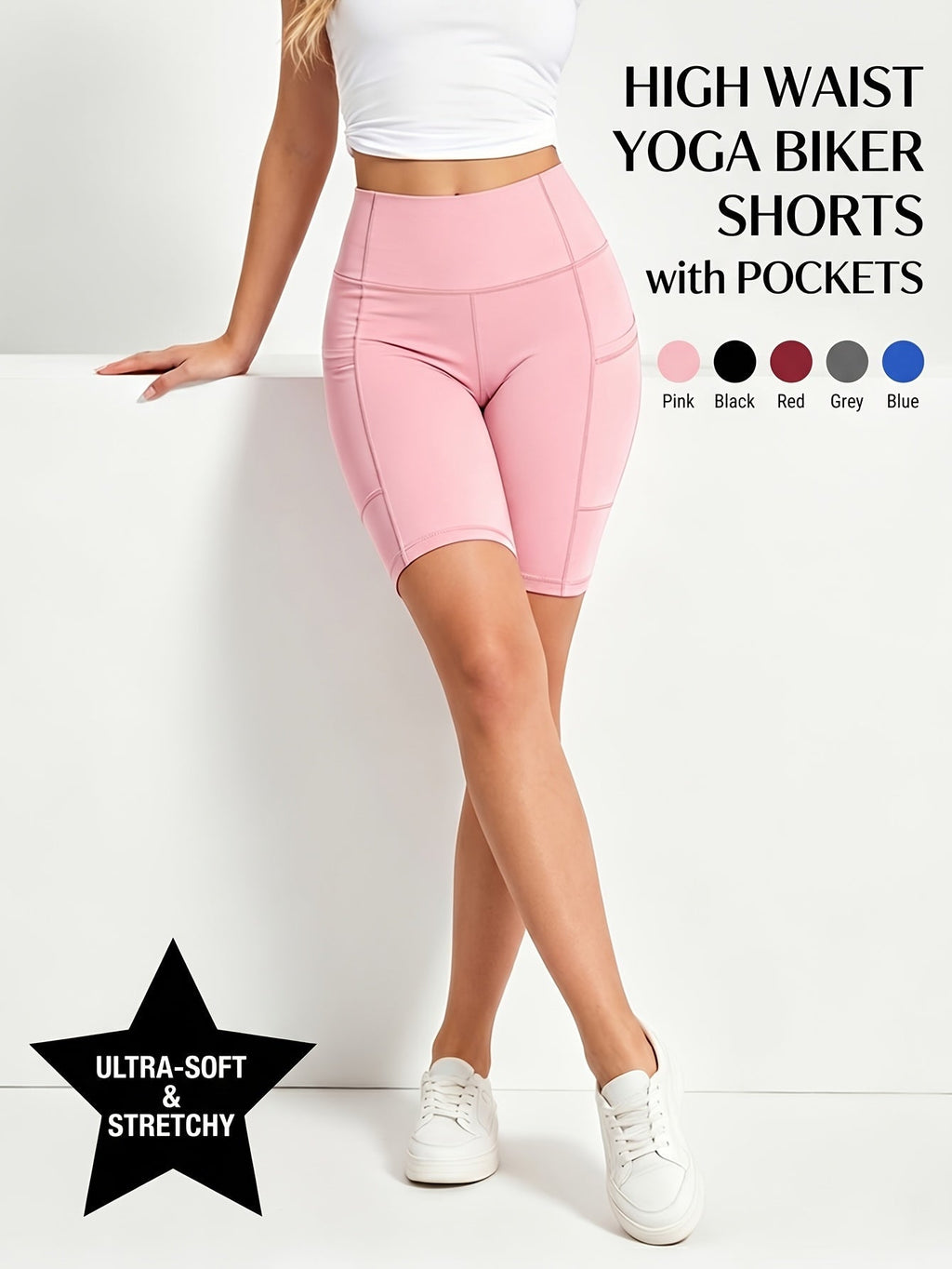 Women's High-Waisted Cycling Shorts 5-Pack with Pockets Mixed Colors – Stretch Polyester Yoga Gym Running Workout Shorts for Active Women Sizes M to XXL