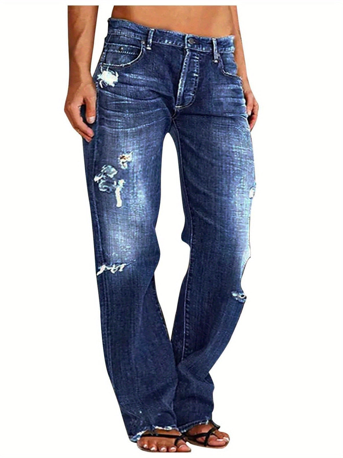 Ripped Flare Wide Leg Jeans Women Distressed Stretch Denim Fashion Streetwear Casual Pants Light Blue Dark Blue XS-XXL