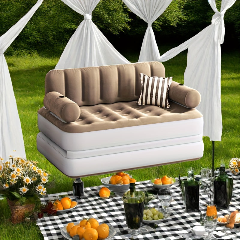 Inflatable Air Sofa Bed 2-in-1 Queen Size – Portable Blow Up Couch & Airbed with Headboard, Cup Holders, External Pump & Storage Bag, 440 lb Capacity for Home, Camping, Guests & Dorms