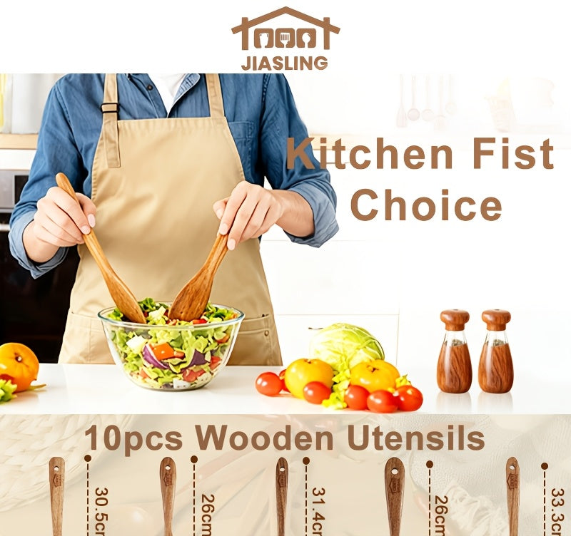 10-Piece Natural Teak Wooden Kitchen Utensils Set - Cooking Spoons, Spatulas & Shovel, Non-Stick Safe, Heat Resistant, Eco-Friendly Wood Cookware Tools for Home Kitchen