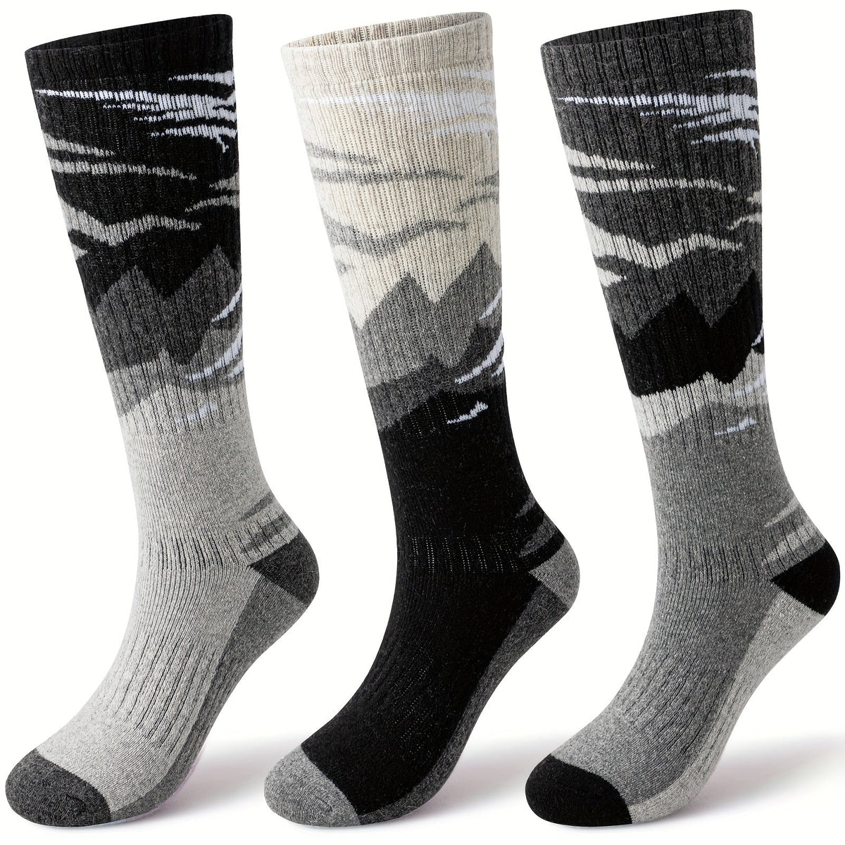Wool Ski Socks 3 Pairs Thermal Knee High for Men & Women – Thick Warm Winter Socks for Skiing, Snowboarding & Outdoor Sports, 70% Wool, Sizes M & L, Multicolor / Dark / Snow Mountain