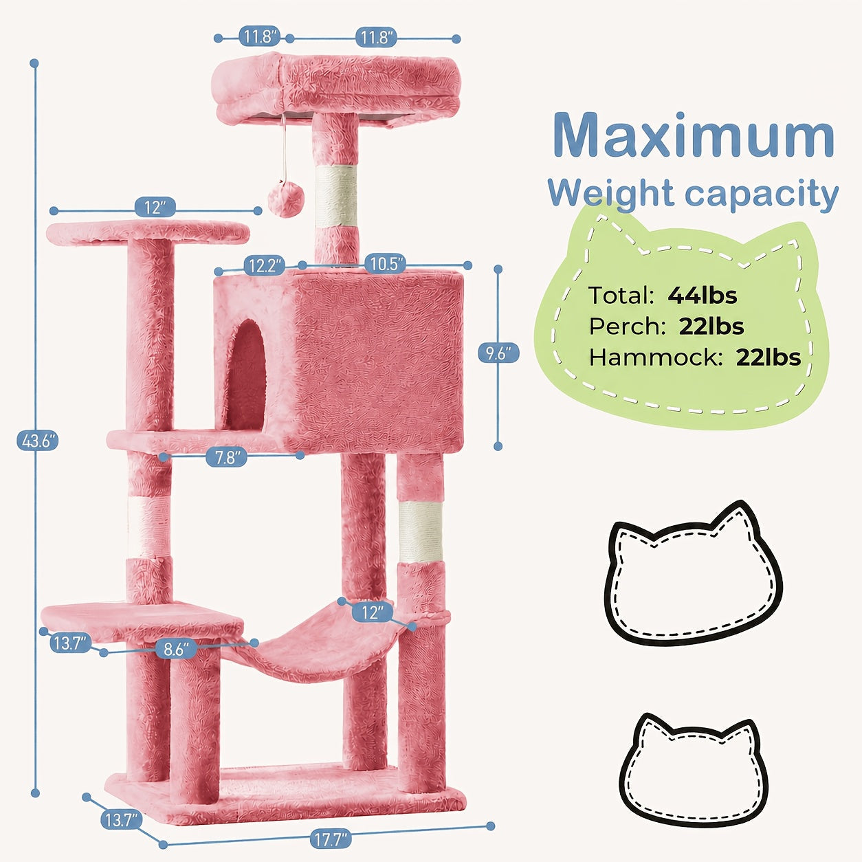 44-Inch Cat Tree Tower with Condo & Hammock Natural Sisal Scratching Posts Multi-Level Perches & Pet House – Indoor Cats Kittens Multi-Cat, Beige Gray Pink Black/Red