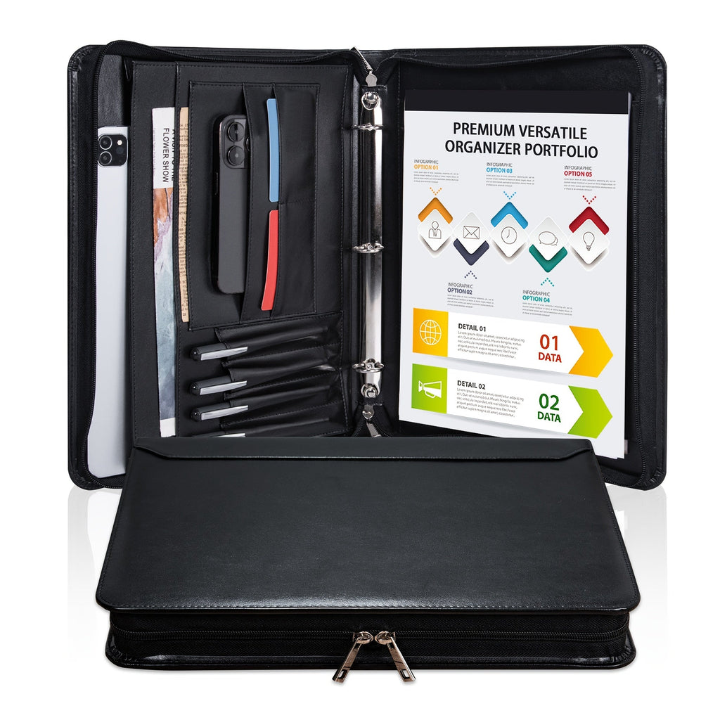 Vegan Leather Portfolio Binder 3-Ring Zipper with Laptop Pocket A4 Legal Work Organizer for Women Men Office School