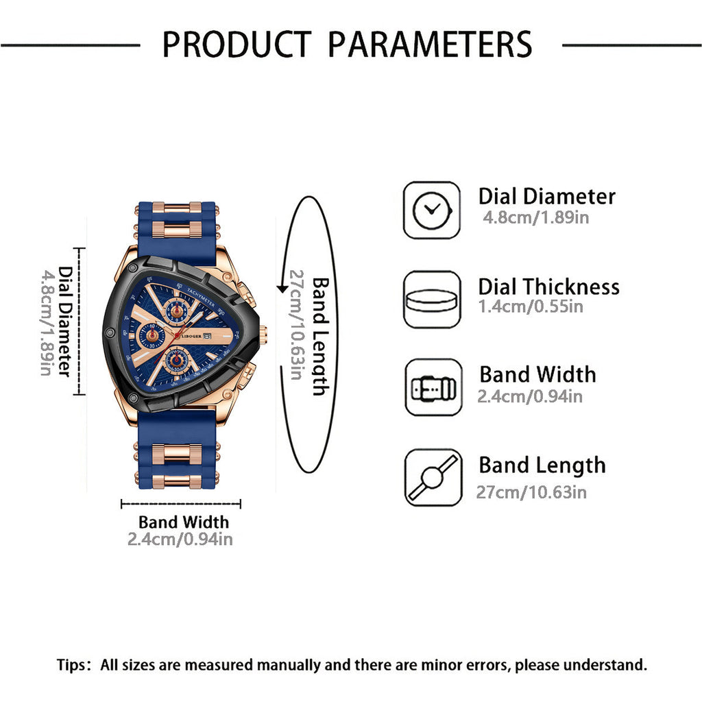Men's Luxury Quartz Watch – Unique Triangular Dial Silicone Band Date Display Chronograph Business Casual Wristwatch 5 Colors Gift