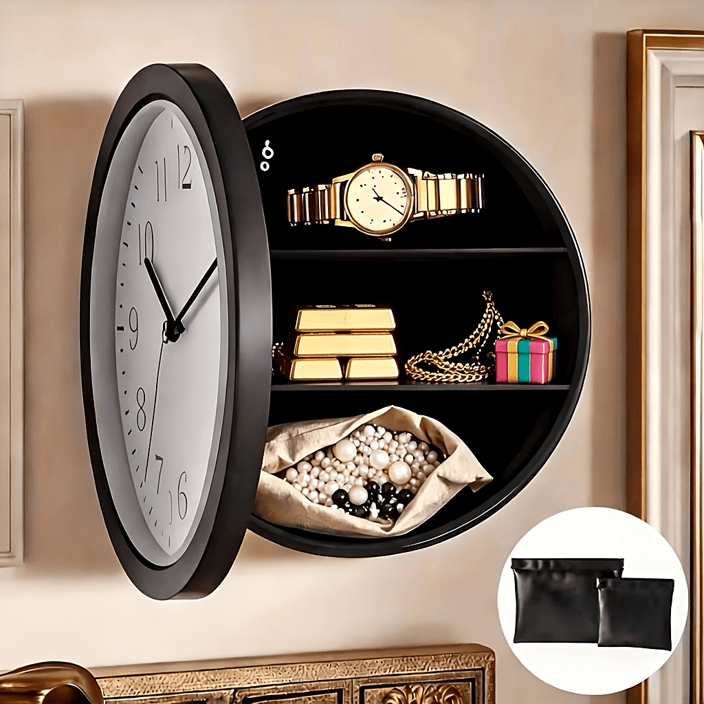 Wall-Mounted Diversion Safe Clock Hidden Secret Compartment Storage for Cash Coins Jewelry Valuables Silent Wall Clock Home Office Security Golden Black Silver