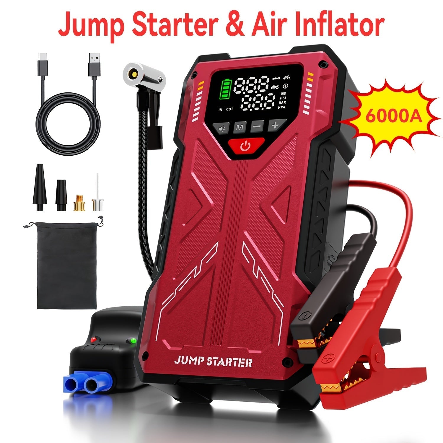 7000A Portable Jump Starter with Air Compressor – 5000A/7000A Peak Battery Pack with 150PSI Digital Tire Inflator, Fits 10L Gas & 2.38gal Diesel, Fast USB Charging & LED Emergency Light