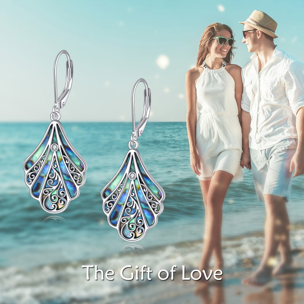 925 Sterling Silver Abalone Shell Dangle Earrings – Hypoallergenic Boho Drop Earrings for Women, Openwork Vintage Design, Iridescent Shell Inlay, Gift for Mother's Day & Valentine's Day