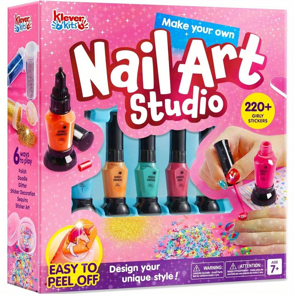 Kids Nail Art Kit for Girls Non-Toxic Nail Polish Set with Glitter Stickers Sequins 220+ Designs 6 Color Pens Children Nail Studio Birthday Christmas Gift Ages 7 and Up