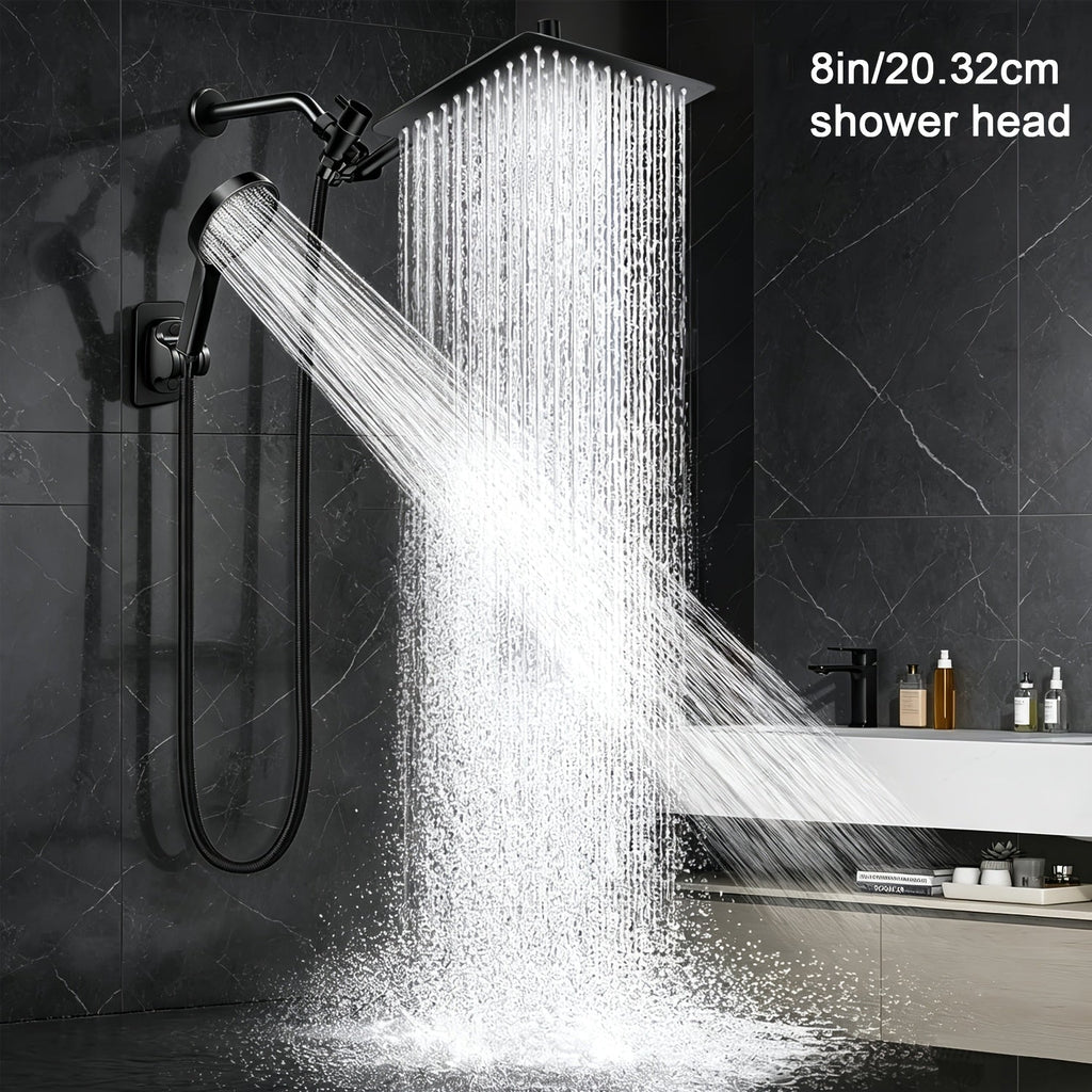 High Pressure Rainfall Handheld Shower Head Combo 8 10 12 Inch Extension Arm 9 Spray Settings 180 Degree Adjustable Anti-Leak Silicone Nozzles for Home Bathroom Upgrade Chrome Matte Black