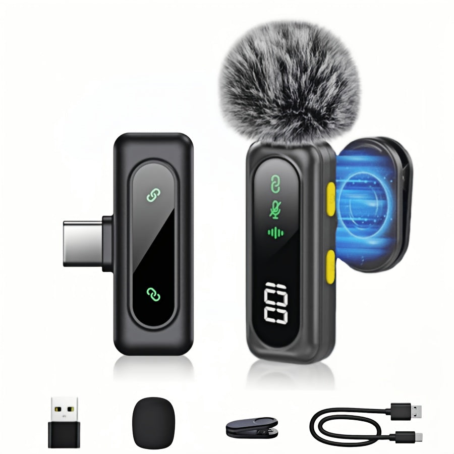 Wireless Lavalier Microphone USB-C 2.4G with DSP Noise Reduction, Digital Battery Display, 360° Omnidirectional Clip-On Lapel Mic, 100ft Range, Feather Windshield, Rotatable Magnetic Clip for iPhone, Android, Camera & Content Creators