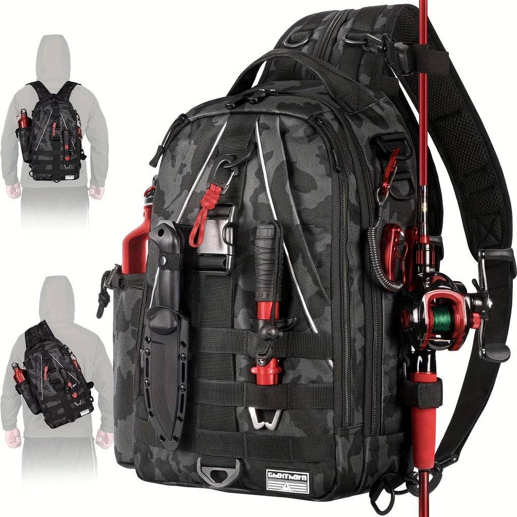 Fishing Backpack Tackle Sling Bag with Rod Holder – Waterproof Hiking Daypack Fly Fishing Bag for Men Women, Tackle Box Storage, Gift for Fisherman Dad