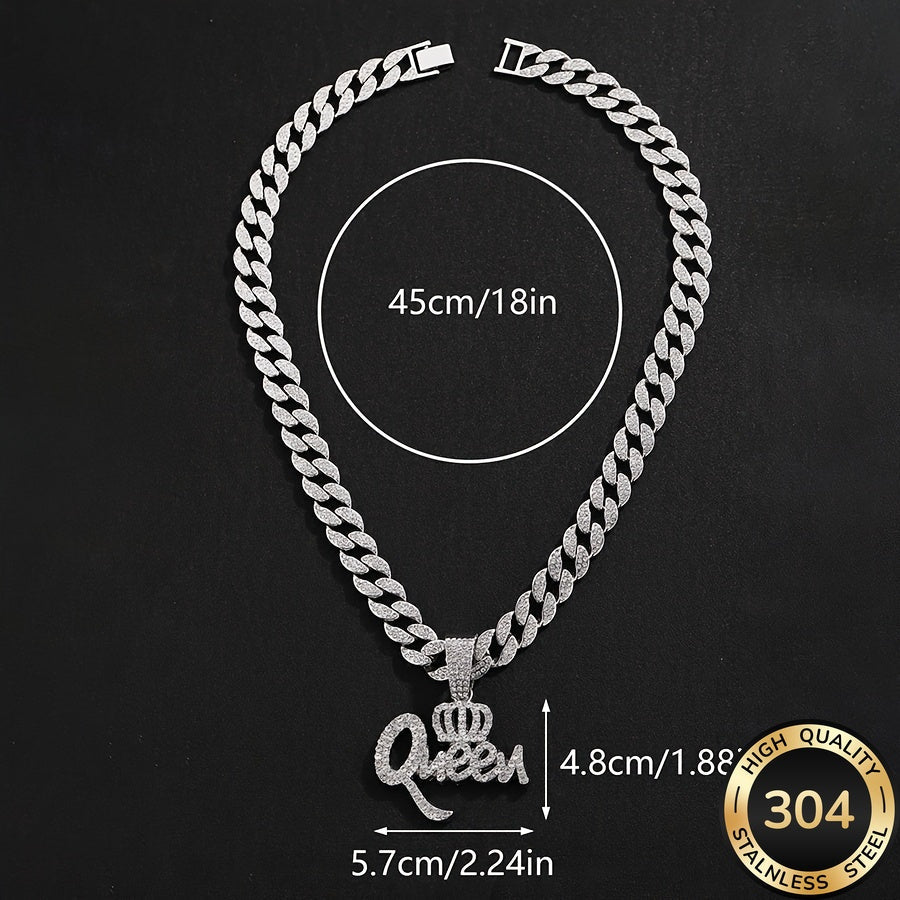 Queen Crown CZ Pendant Necklace for Women Hip Hop Bling Statement Jewelry – Synthetic Zirconia Bold Necklace Gift for Ladies Birthday Valentine's Day Anniversary