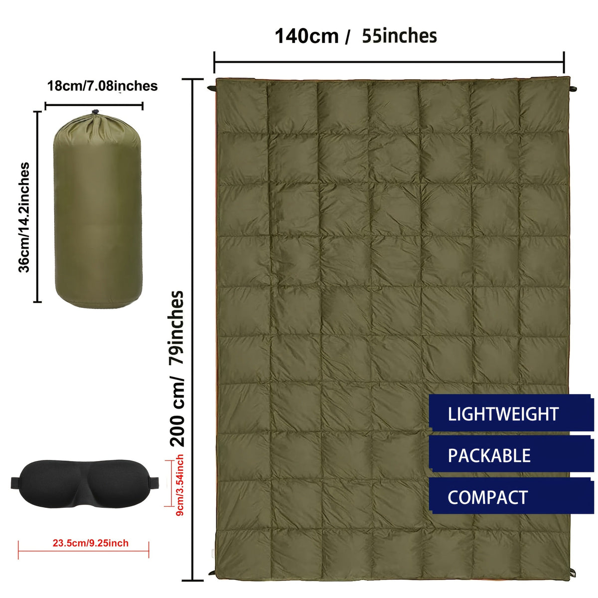 Outdoor Camping Puffy Blanket DWR Water Resistant with 3D Eye Mask – Foldable Lightweight Warm 140x200cm for Camping Travel Car Beach Stadium Festival Hammock Sofa Green Grey Black Blue