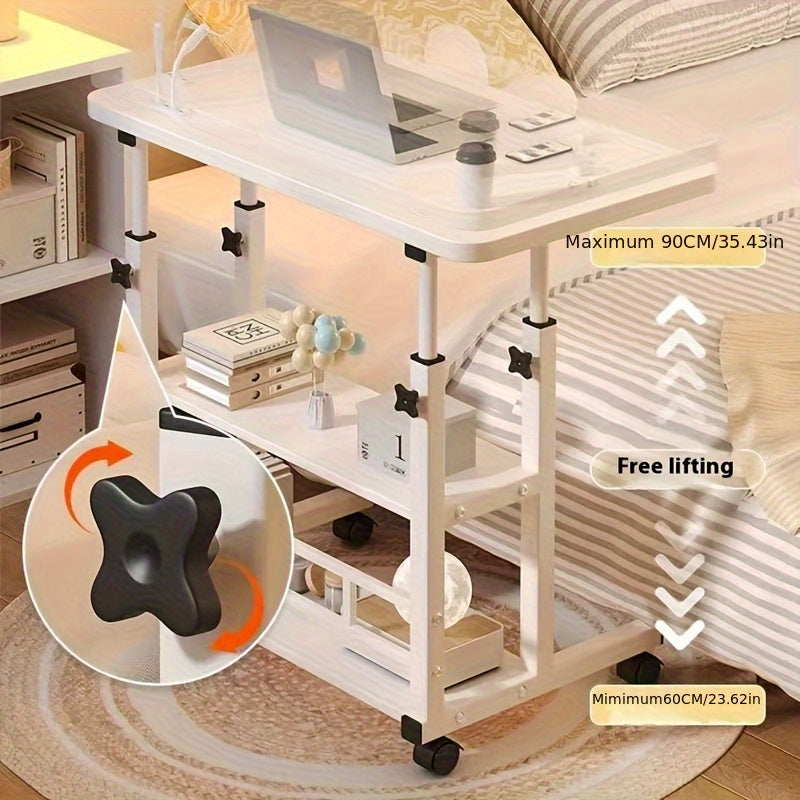 Rolling Folding Desk 3-Tier with Wheels Height Adjustable Expandable Desktop Storage Shelf Laptop Study Home Office Bedroom Living Room Computer Table Multi-Color