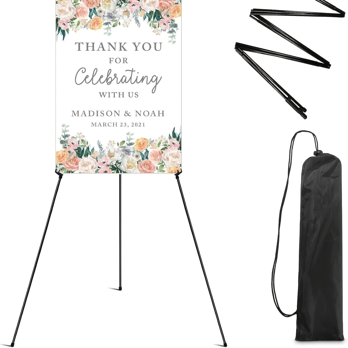 Easel Stand 63 Inch Portable Floor Easel Metal Tripod with Carry Bag for Wedding Signs Poster Display Black Gold 1 or 2 Pack