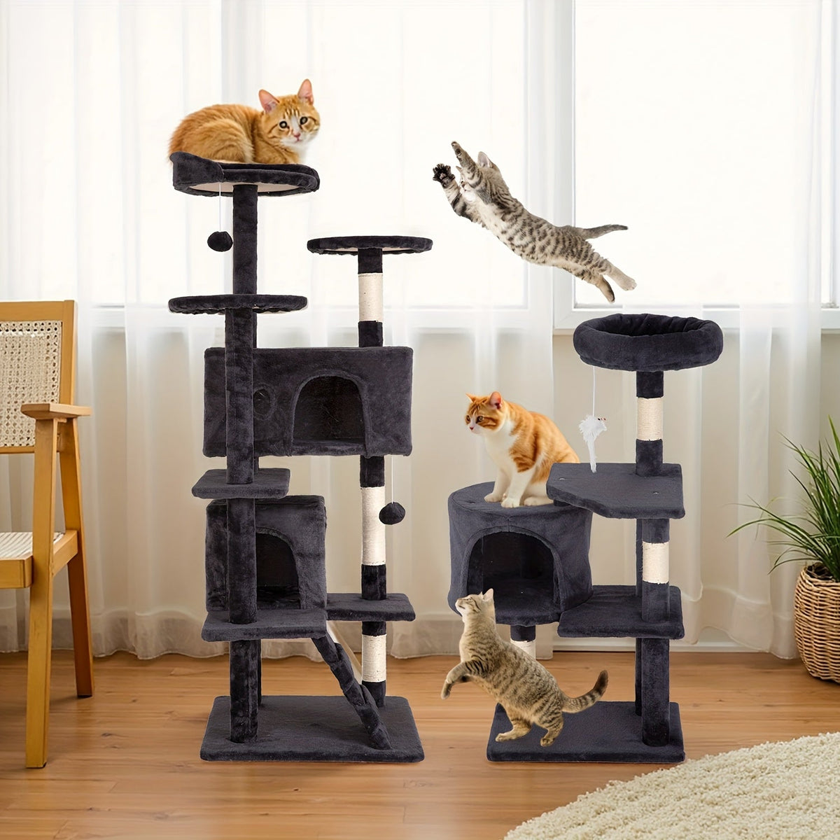 Multi-Level Cat Tree Tower with Scratching Post Indoor Kitten Activity Center Playhouse Easy Assembly 22 54 60 70 Inch Heights 7 Colors Dark Gray Beige Pink Navy Blue Green