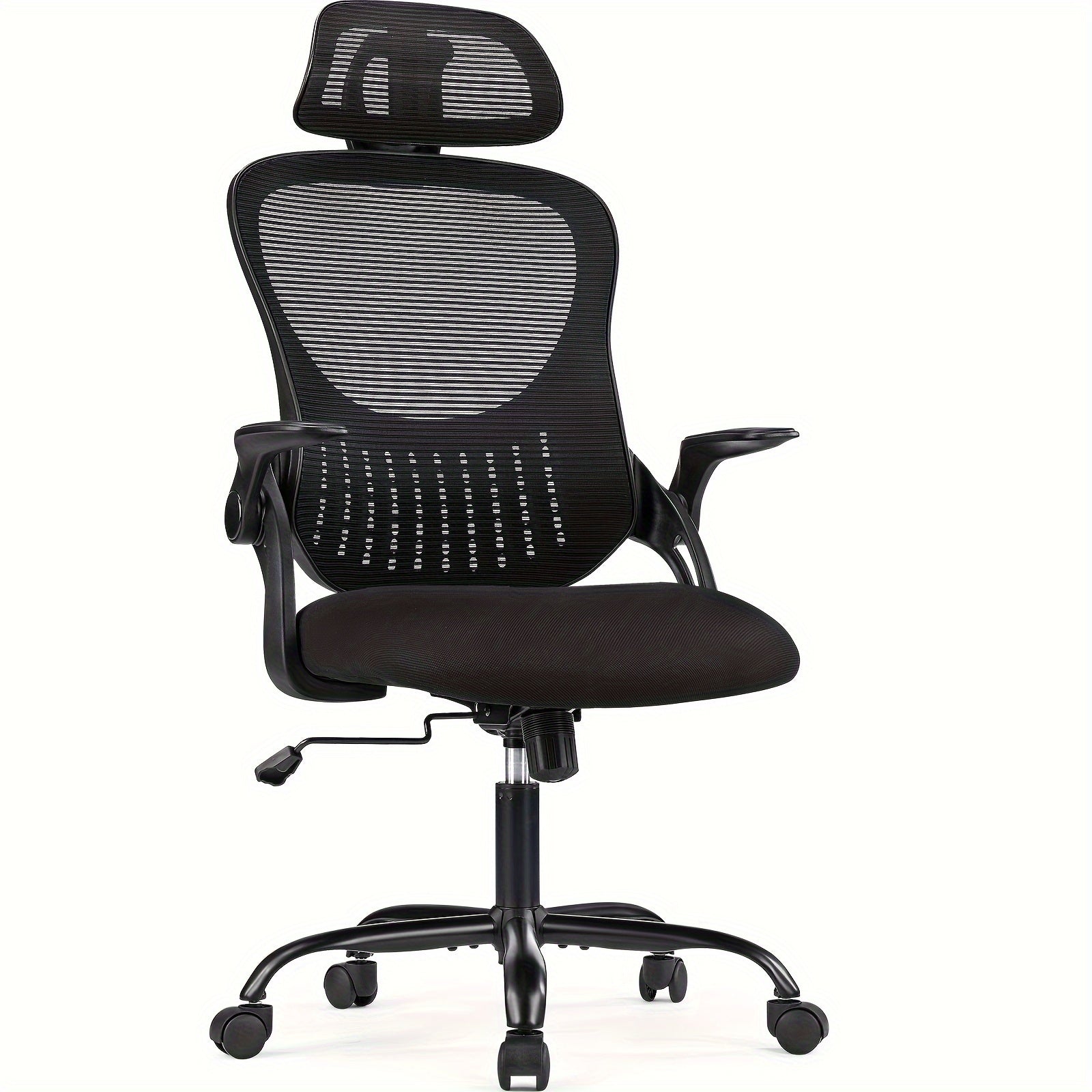 Ergonomic High Back Mesh Office Chair with Adjustable Headrest, Lumbar Support & Flip-Up Armrests – Stainless Steel Frame, Padded Seat, 5-Wheel Rolling Base – Home Office, Lab & Desk Chair (Black/Gray)