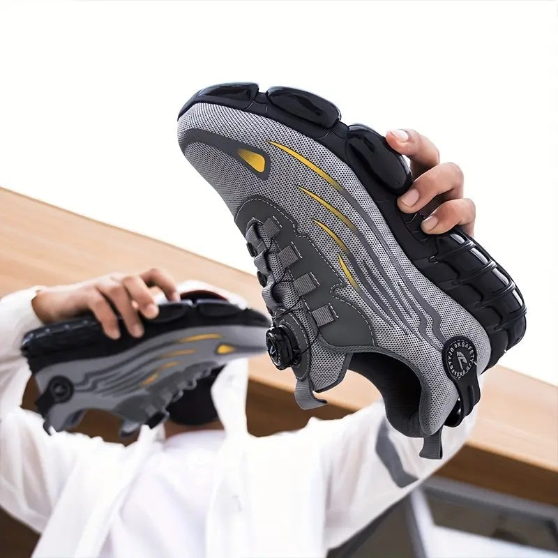 Men's Breathable Work Shoes - Durable Safety Shoes with Reflective Stripes, Lightweight Cushioned Sole for Industrial, Construction and Casual Wear, Available in Black and Grey, Sizes US 6 to 11