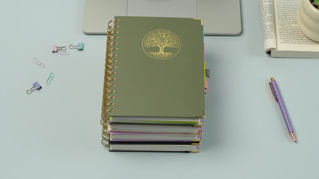 A5 Hardcover 5-Subject Spiral Notebook 300 College-Ruled Pages with Removable Divider Tabs Built-In Pocket 6.1x8.4 Inch Lined Journal for Students Work School Note Taking Purple Green Pink Black