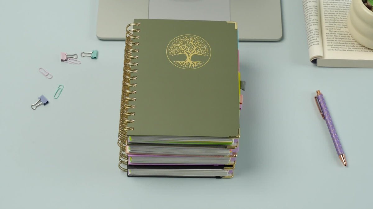 A5 Hardcover 5-Subject Spiral Notebook 300 College-Ruled Pages with Removable Divider Tabs Built-In Pocket 6.1x8.4 Inch Lined Journal for Students Work School Note Taking Purple Green Pink Black
