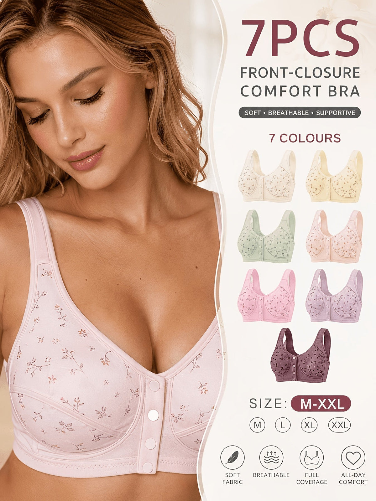 7 Pack Seamless Wireless Bra Set for Women – Soft Front Button Bralettes, No Underwire, Comfortable & Breathable for Daily Wear, Yoga, Travel & Festivals, Sizes S-XXL