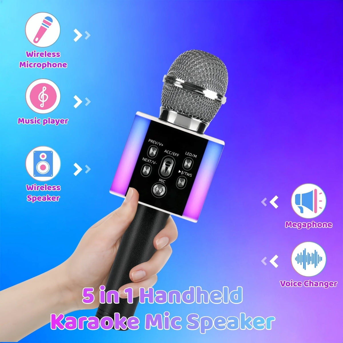 5-in-1 Wireless Karaoke Microphone with Built-In Speaker, LED Lights & Voice Changer – Portable Bluetooth Singing Mic for Parties, Family Gatherings, Travel & Outdoor Fun, 10 Colors