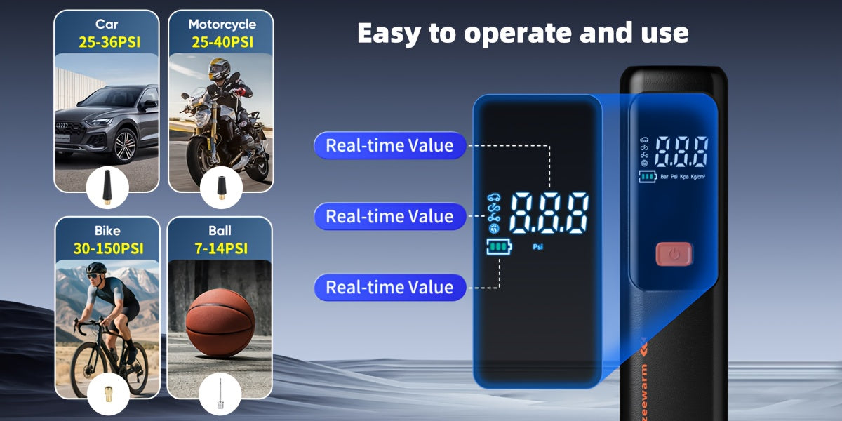 Cordless Tire Inflator Portable Air Compressor Digital Pressure Gauge USB Rechargeable 3X Fast Inflation for Car SUV Truck Bike Motorcycle Ball Sports Equipment Auto Air Pump 18650 Battery 5 Colors