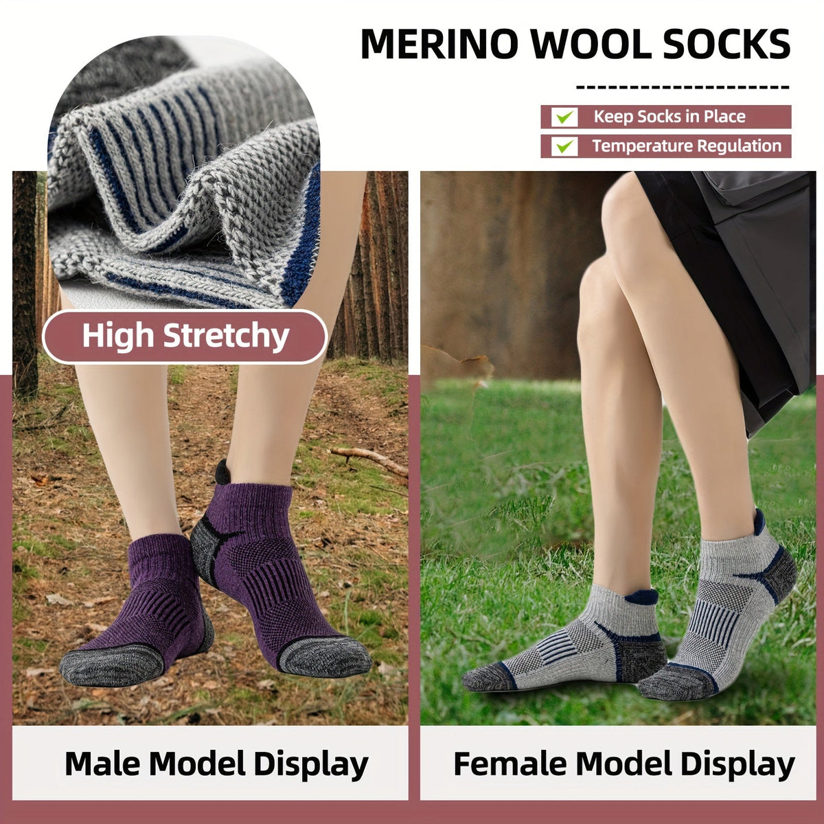 Merino Wool Hiking Socks 6 Pairs for Men & Women – Cushioned Ankle Compression Running Work Socks, Moisture-Wicking Breathable Low Cut No-Show Design, All-Season Blister-Free Comfort