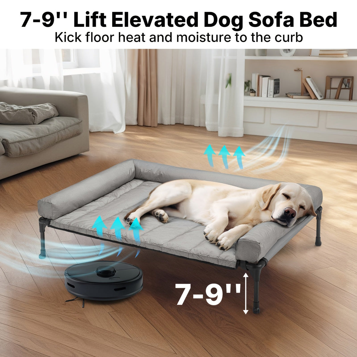 Cooling Elevated Dog Bed with Removable Pillow-Top Mat – Raised Bolster Dog Cot with Breathable Mesh Non-Slip Feet Dog Sofa Bed for Indoor & Outdoor Use