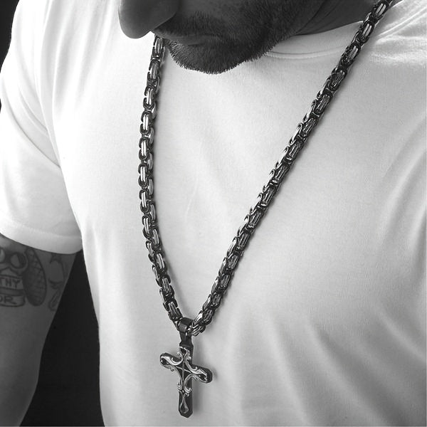 304 Stainless Steel Cuban Chain Necklace & Bracelet Set for Men – Religious Cross Pendant, Tarnish-Resistant Hip Hop Jewelry, Silver Tone, Daily Wear & Gift